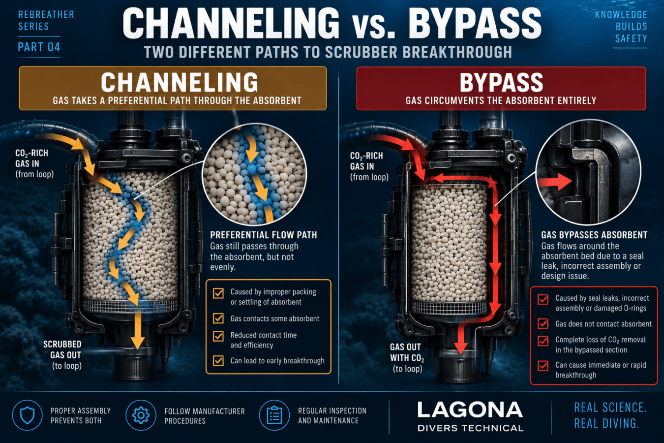 CCR scrubber channeling versus bypass showing gas through the absorbent bed compared with gas flowing around it